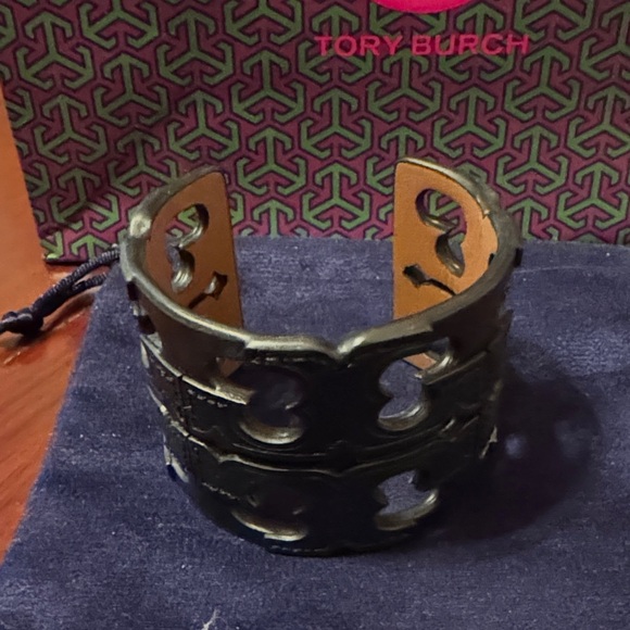 Tory Burch Black Cut-Out Leather Cuff - Picture 2 of 4